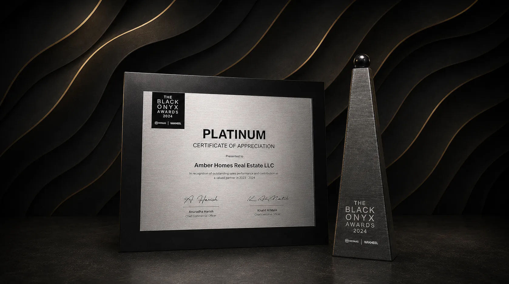 Platinum Agency 2024 award to Amber Homes Real Estate, led by Founder and Managing Director Ambreen Qureshi — Meraas - Nakheel & Dubai Holding